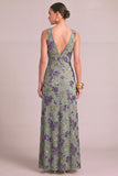 Sparkly Sequins Purple Mermaid V-Neck Floral Long Formal Dress with Slit