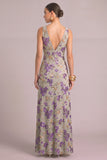 Sparkly Sequins Purple Mermaid V-Neck Floral Long Formal Dress with Slit