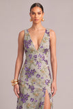 Sparkly Sequins Purple Mermaid V-Neck Floral Long Formal Dress with Slit