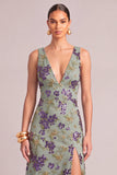 Sparkly Sequins Purple Mermaid V-Neck Floral Long Formal Dress with Slit