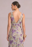 Sparkly Sequins Purple Mermaid V-Neck Floral Long Formal Dress with Slit