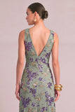 Sparkly Sequins Purple Mermaid V-Neck Floral Long Formal Dress with Slit