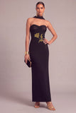 Black Floral Sheath Strapless Ruched Long Formal Dress