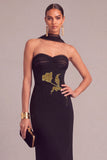Black Floral Sheath Strapless Ruched Long Formal Dress
