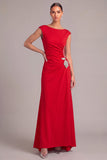 Red Mermaid Boat Neck Ruched Long Floral Formal Dress