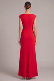 Red Mermaid Boat Neck Ruched Long Floral Formal Dress