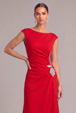 Red Mermaid Boat Neck Ruched Long Floral Formal Dress