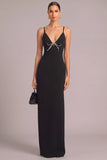 Black Sheath Long Spaghetti Straps Formal Dress with Bow