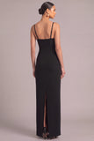 Black Sheath Long Spaghetti Straps Formal Dress with Bow
