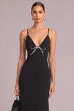Black Sheath Long Spaghetti Straps Formal Dress with Bow