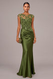 Sparkly Sequins Army Green Mermaid Illusion Neck Long Formal Dress with Appliques