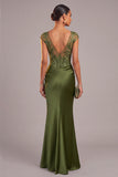 Sparkly Sequins Army Green Mermaid Illusion Neck Long Formal Dress with Appliques