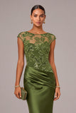 Sparkly Sequins Army Green Mermaid Illusion Neck Long Formal Dress with Appliques