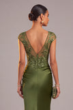 Sparkly Sequins Army Green Mermaid Illusion Neck Long Formal Dress with Appliques