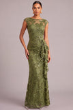 Sparkly Army Green Mermaid Boat Neck Sequins Ruffled Long Formal Dress