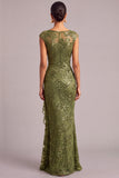 Sparkly Army Green Mermaid Boat Neck Sequins Ruffled Long Formal Dress