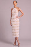 White Sheath Halter Midi Formal Dress with Pearls