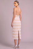 White Sheath Halter Midi Formal Dress with Pearls