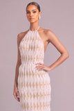 White Sheath Halter Midi Formal Dress with Pearls