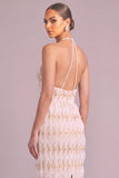 White Sheath Halter Midi Formal Dress with Pearls