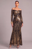 Black Golden Sparkly Off the Shoulder Mermaid Sequins Long Sleeves Formal Dress
