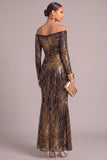 Black Golden Sparkly Off the Shoulder Mermaid Sequins Long Sleeves Formal Dress