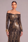 Black Golden Sparkly Off the Shoulder Mermaid Sequins Long Sleeves Formal Dress
