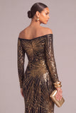 Black Golden Sparkly Off the Shoulder Mermaid Sequins Long Sleeves Formal Dress