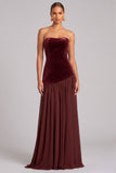 Dark Red Strapless Velvet Mermaid Pleated Long Formal Dress