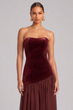 Dark Red Strapless Velvet Mermaid Pleated Long Formal Dress