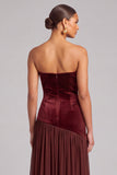 Dark Red Strapless Velvet Mermaid Pleated Long Formal Dress