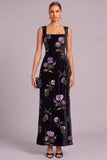 Black Mermaid Velvet Square Neck Floral Long Formal Dress