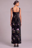 Black Mermaid Velvet Square Neck Floral Long Formal Dress