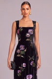 Black Mermaid Velvet Square Neck Floral Long Formal Dress