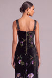 Black Mermaid Velvet Square Neck Floral Long Formal Dress