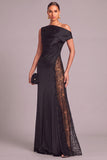 Black Mermaid One Shoulder Ruched Long Formal Dress with Lace