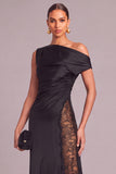 Black Mermaid One Shoulder Ruched Long Formal Dress with Lace