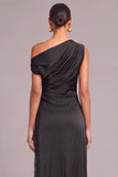 Black Mermaid One Shoulder Ruched Long Formal Dress with Lace
