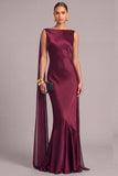 Burgundy Mermaid Boat Neck Satin Long Formal Dress with Cape