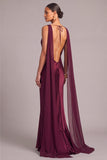 Burgundy Mermaid Boat Neck Satin Long Formal Dress with Cape
