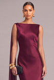 Burgundy Mermaid Boat Neck Satin Long Formal Dress with Cape