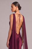 Burgundy Mermaid Boat Neck Satin Long Formal Dress with Cape