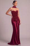Saprkly Sequins Burgundy Corset Strapless Long Formal Dress with Neck Scarf