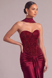 Saprkly Sequins Burgundy Corset Strapless Long Formal Dress with Neck Scarf
