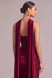 Saprkly Sequins Burgundy Corset Strapless Long Formal Dress with Neck Scarf