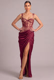 Burgundy Corset Mermaid Thick Straps Ruched Long Formal Dress with Slit