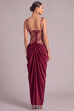 Burgundy Corset Mermaid Thick Straps Ruched Long Formal Dress with Slit