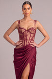 Burgundy Corset Mermaid Thick Straps Ruched Long Formal Dress with Slit