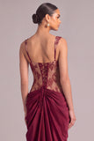 Burgundy Corset Mermaid Thick Straps Ruched Long Formal Dress with Slit