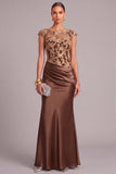 Brown Mermaid Illusion Neck Ruched Long Formal Dress with Embroidery